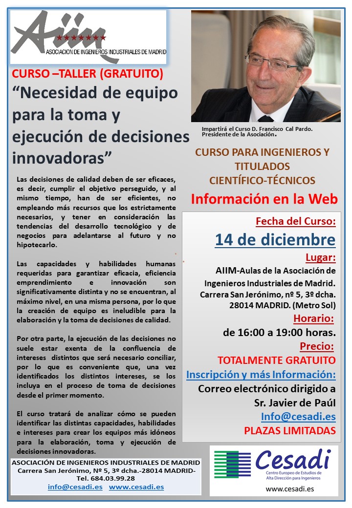 AIIM (Madrid) Curso-Taller (GRATUITO) Necesidades de equipo para la toma y ejecucion de decisiones innovadoras